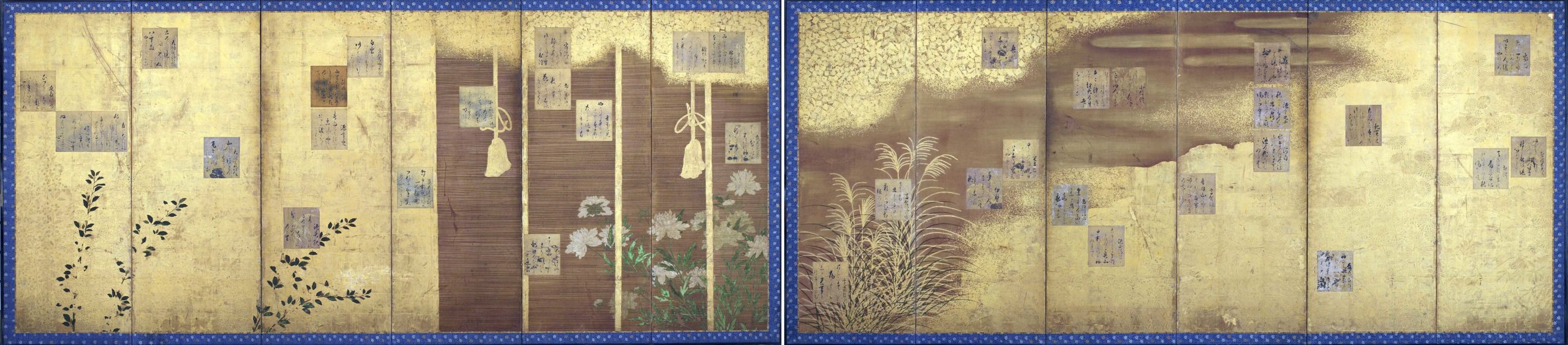 Hon'ami Kōetsu, Folding screens mounted with poems from the anthology, Shin kokinshu, Edo period, ca. 1624-1637, ink, color, and gold on paper, Japan, 168.2 x 375.7 cm and 168.2 x 377.2 cm (Freer Gallery of Art 0