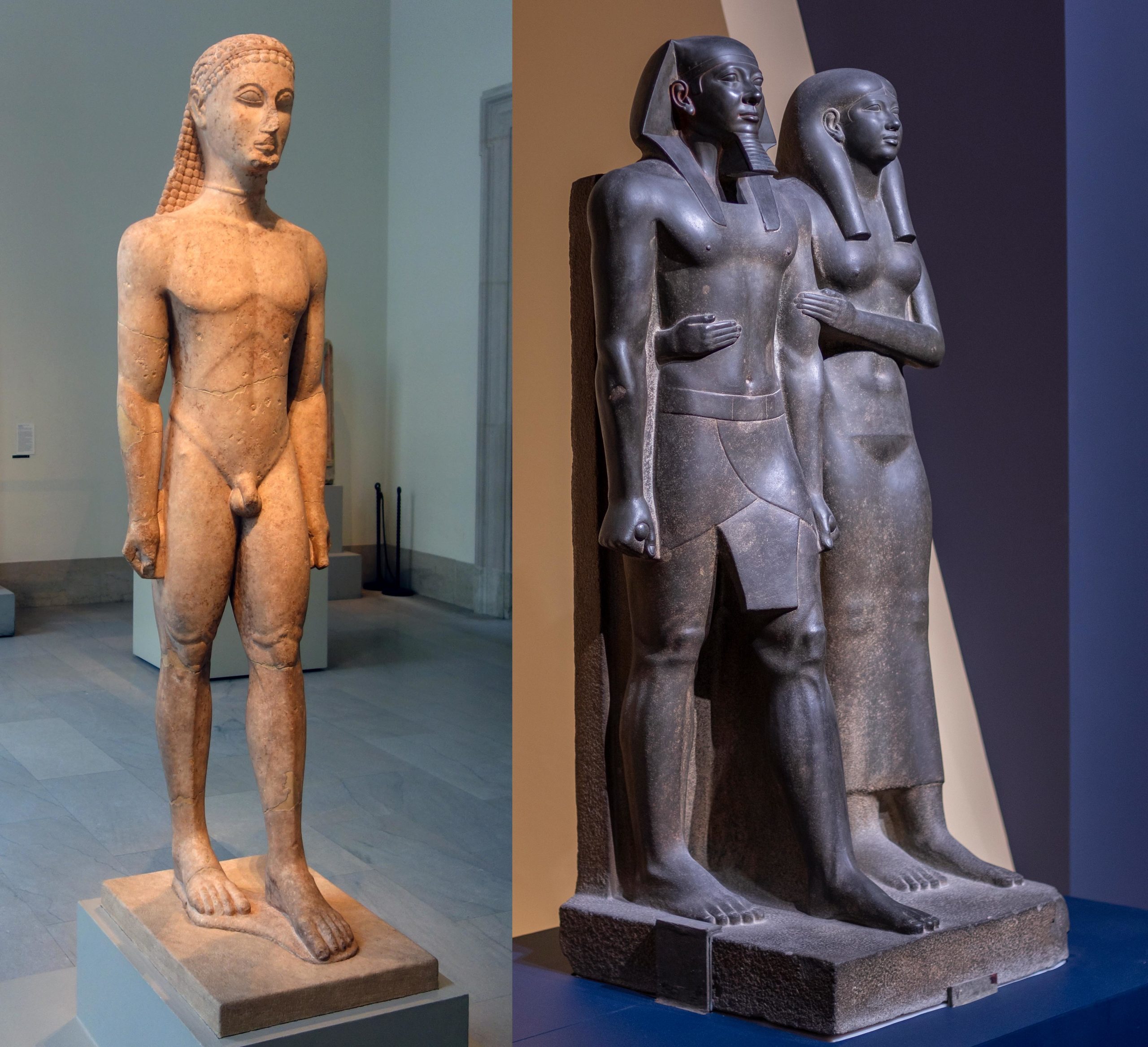 Left: Marble Statue of a Kouros (New York Kouros), c. 590–580 B.C.E. (Attic, archaic), Naxian marble, 194.6 x 51.6 cm (The Metropolitan Museum of Art); right: King Menkaura (Mycerinus) and queen (Old Kingdom, Dynasty 4), 2490–2472 B.C.E. (Menkaura Valley Temple, Giza, Egypt), greywacke, 142.2 x 57.1 x 55.2 cm, 676.8 kg (Museum of Fine Arts, Boston)