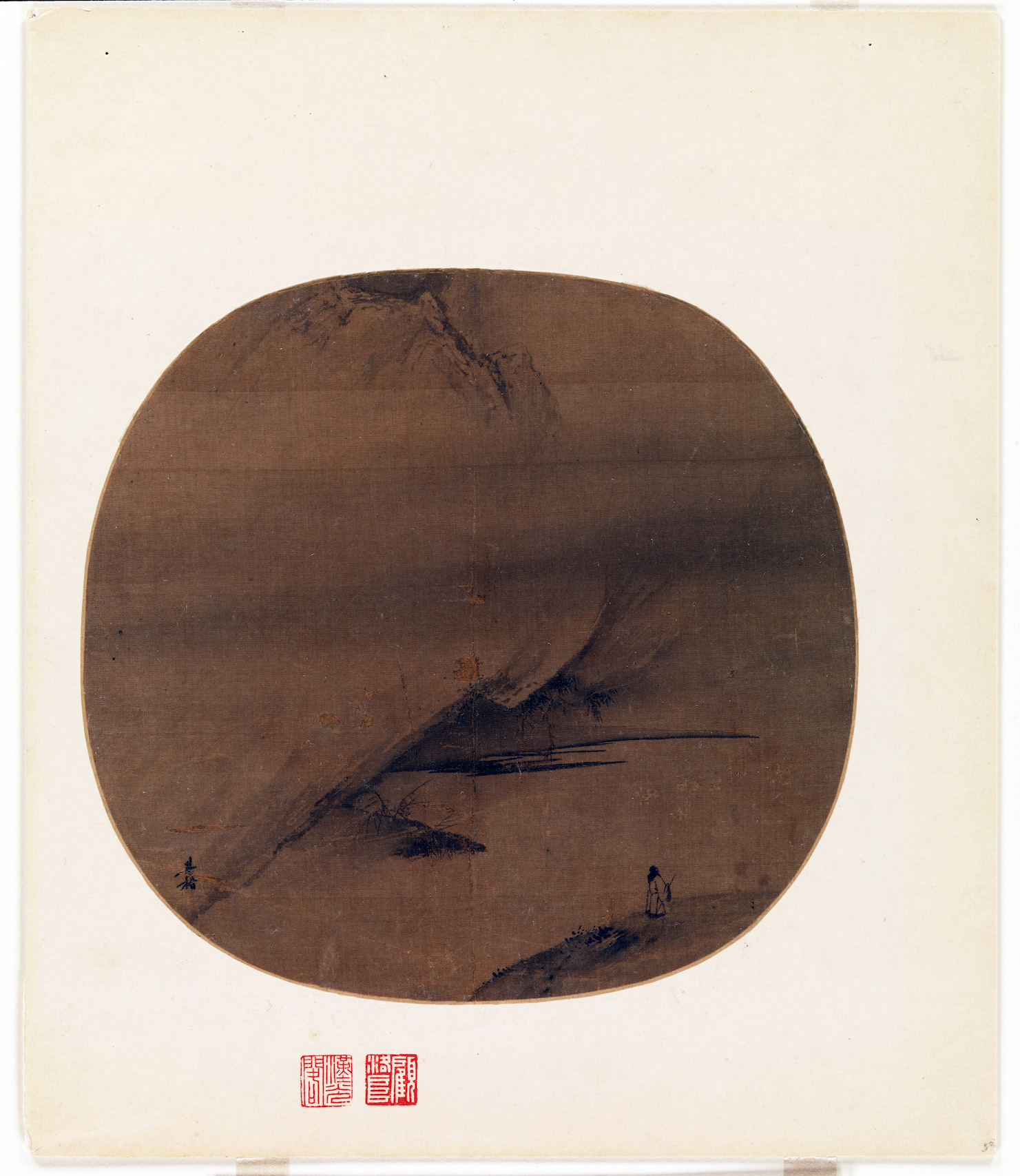 Liang Kai, Poet strolling by a marshy bank, early 13th century, Southern Song dynasty, fan mounted as an album leaf; ink on silk, 22.9 x 24.3 cm, China (The Metropolitan Museum of Art)