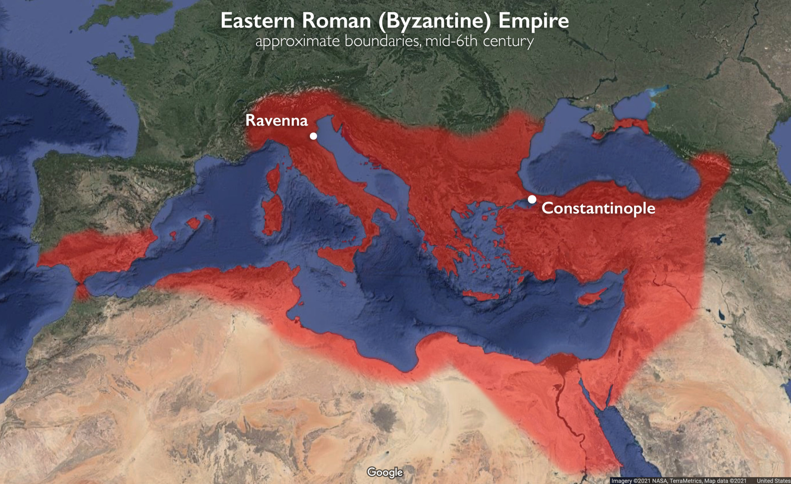 The Eastern Roman (Byzantine) Empire, approximate boundaries, mid-6th century (underlying map © Google)