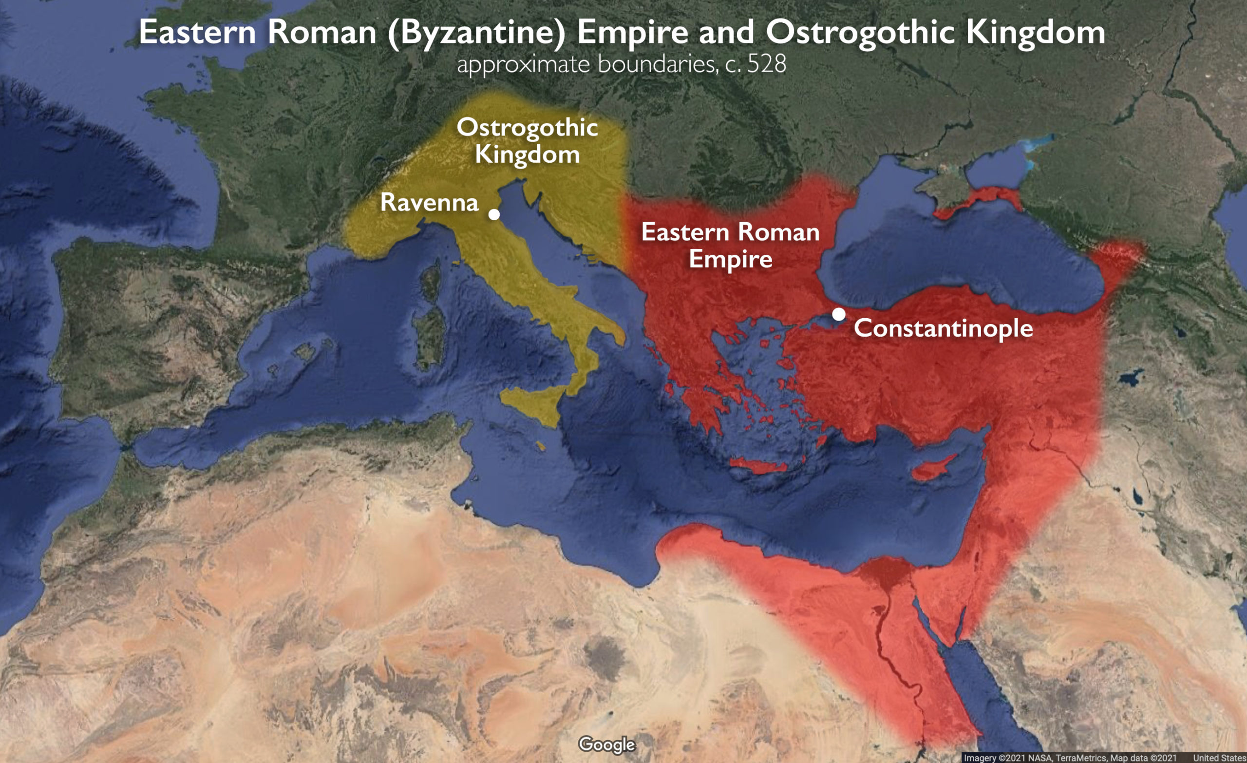 Ostrogothic Kingdom and Eastern Roman Empire, c. 525 (underlaying map © Google)