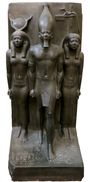 Menkaure flanked by Hathor (left) and nome goddess (Egyptian Museum, Cairo)