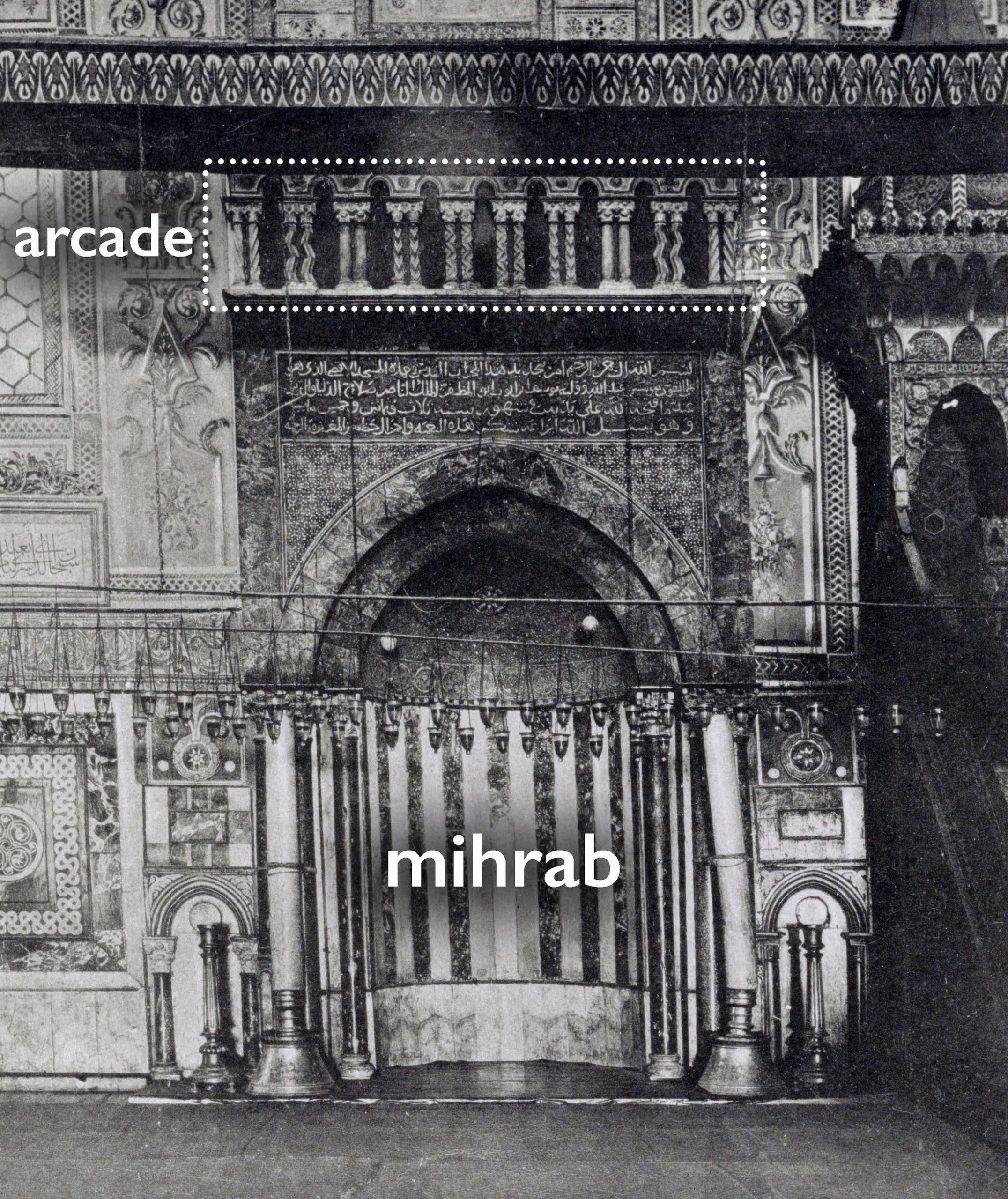 Mihrab and arcade above it, Al-Aqsa Mosque, Jerusalem, photograph published as plate 9 in Bilder aus Palästina. Nord-Arabien und dem Sinai. Berlin : Dietrich Riemer, 1916 (Library of Congress)