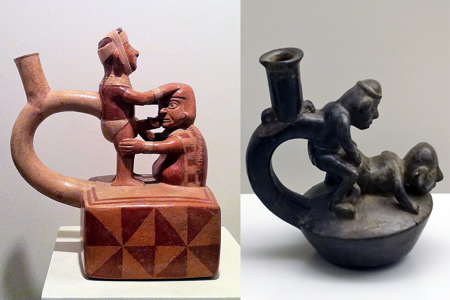 Stirrup Ceramics of Individuals Engaged in Sexual Acts. Left: Moche (Lima, Larco Museum); right: Chimú, 1000–1400 (Madrid, Museo de América)