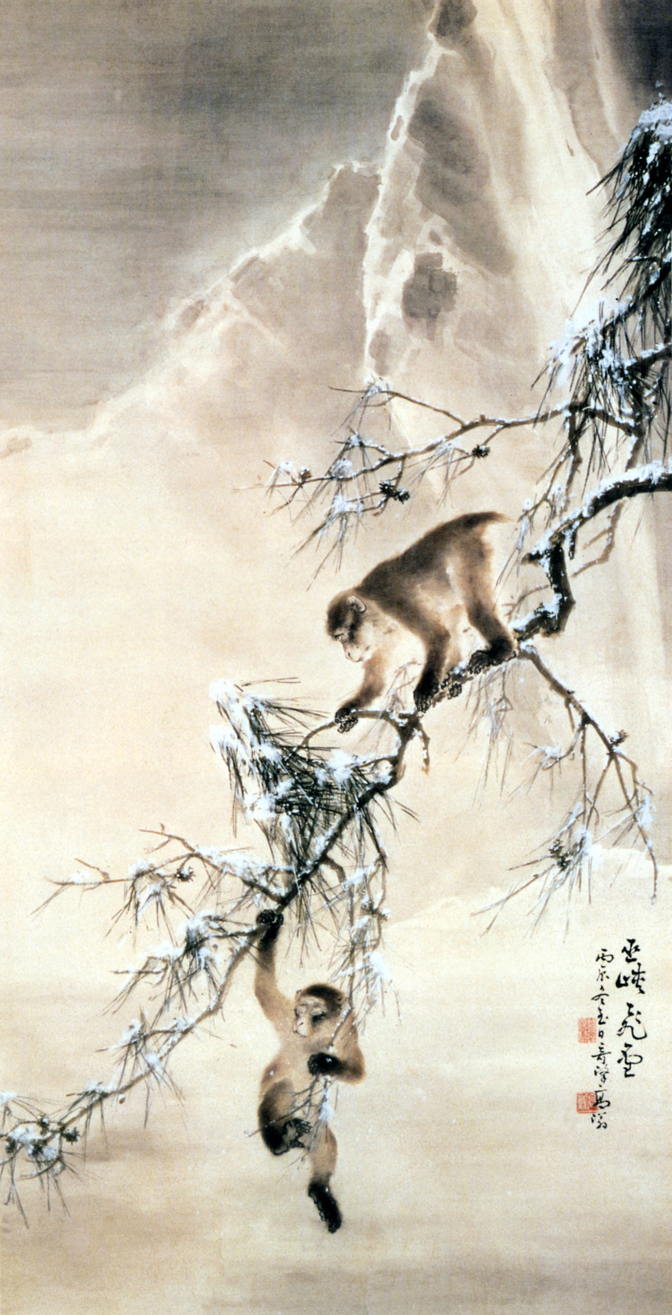 Gao Qifeng, Monkeys and a Snowy Pine, 1916, Republican Period, ink and color on paper (hanging scroll), China (Hong Kong Museum of Art, Provisional Urban Council, Hong Kong, PRC)