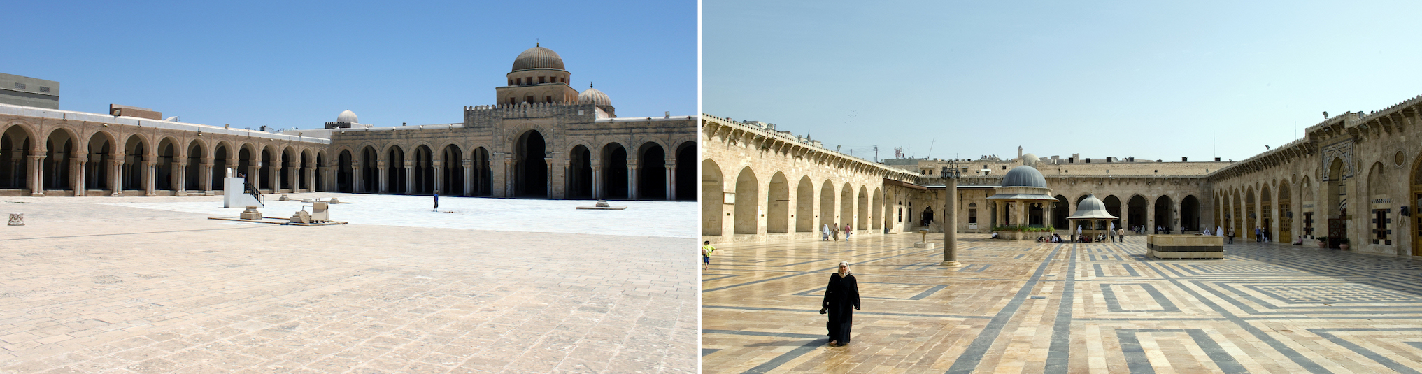 The Great Mosques of Kairouan, Tunisia, 9th century (left), and Aleppo, Syria, 11th-14th century (right). (Photos: Sean Leatherbury and Ross Burns/Manar al-Athar)
