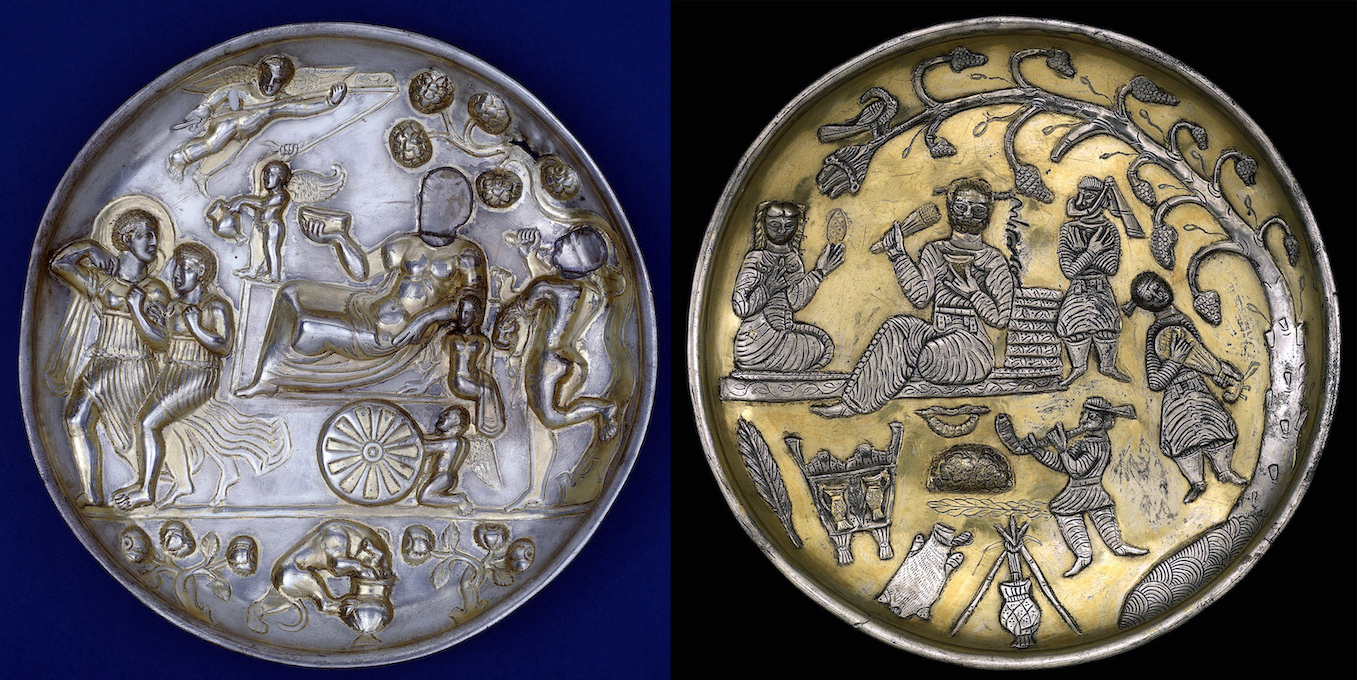 Gilded silver dishes from the Sasanian Empire, 2nd-3rd century (left), and from the early Islamic period of rule in the same region, 7th-8th century (right). (British Museum 124086 and 1963,1210.3).