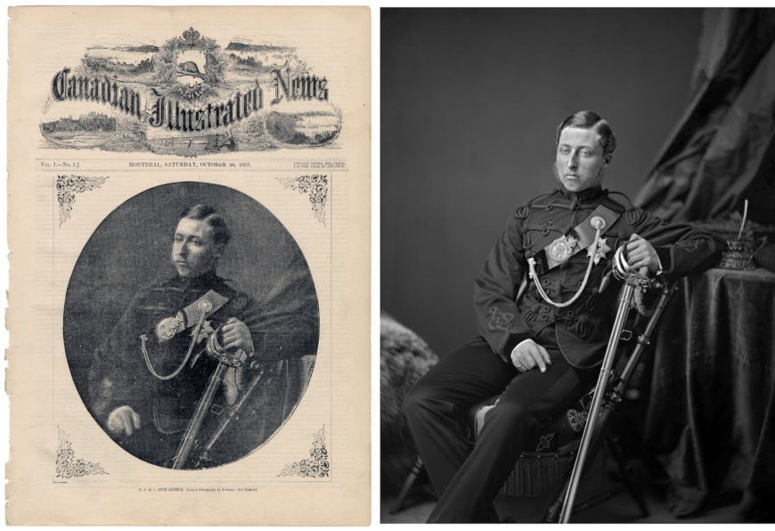 Left: Prince Arthur William Patrick Albert, Duke of Connaught and Strathearn, Montreal, QC, Canadian Illustrated News (30 October 1869); right: William Notman, Albert, Duke of Connaught and Strathearn, Montreal, QC, 1869, silver salt on glass, 25 x 20 cm (McCord Museum, Montreal)