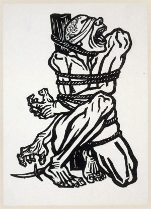 A figure is naked and tied to a post, with their mouth open as if roaring in pain. Their body is contorted. Li Hua, Roar, China, 1938, woodblock print, 27.5 x 18.7 cm (CAFA Art Museum, Beijing)