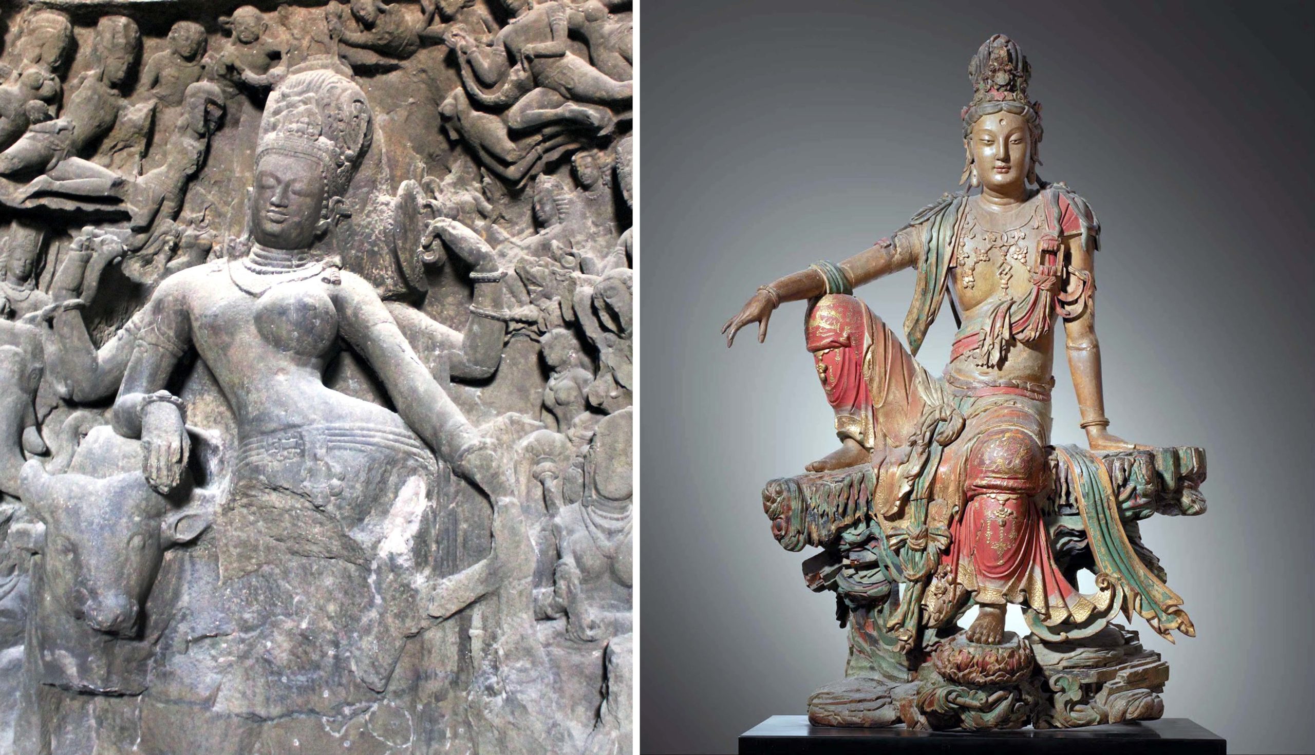 Left: Ardhanarishvara, relief sculpture from the Elephanta Caves, 5th–7th century C.E., Mumbai, India (photo: Isabell Schulz, CC BY-SA 2.0); Guanyin of the Southern Sea, China, 11th/12th century, Lio (907–1125) or Jin Dynasty (1115–1234), polychromed wood (Nelson-Atkins Museum of Art)