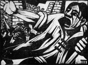 Hu Yichuan, To the Front!, woodcut, 1932, 9 1/8 X 12.” Lu Xun Memorial, Shanghai.