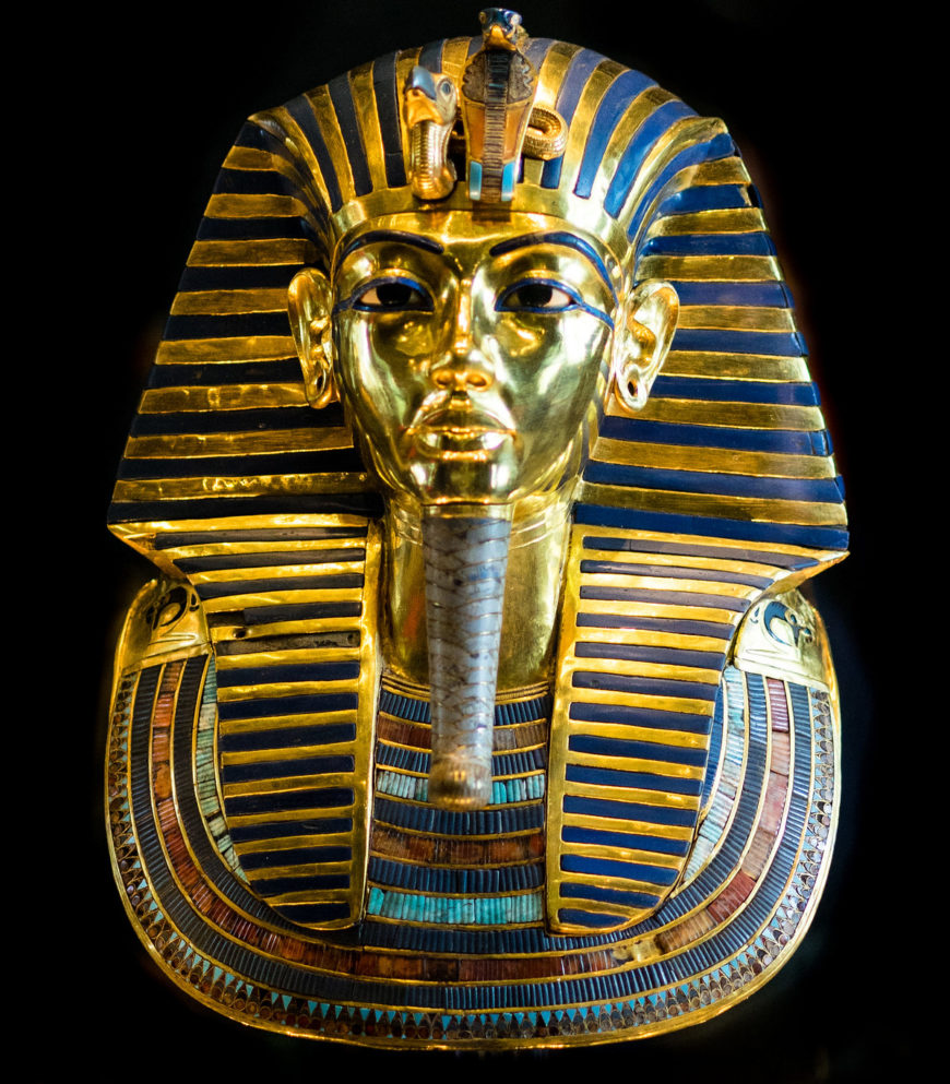 Death Mask from innermost coffin, Tutankhamun’s tomb, New Kingdom, 18th Dynasty, c. 1323 B.C.E., gold with inlay of enamel and semiprecious stones (Egyptian Museum, Cairo, photo: Mark Fischer, CC BY-SA 2.0)