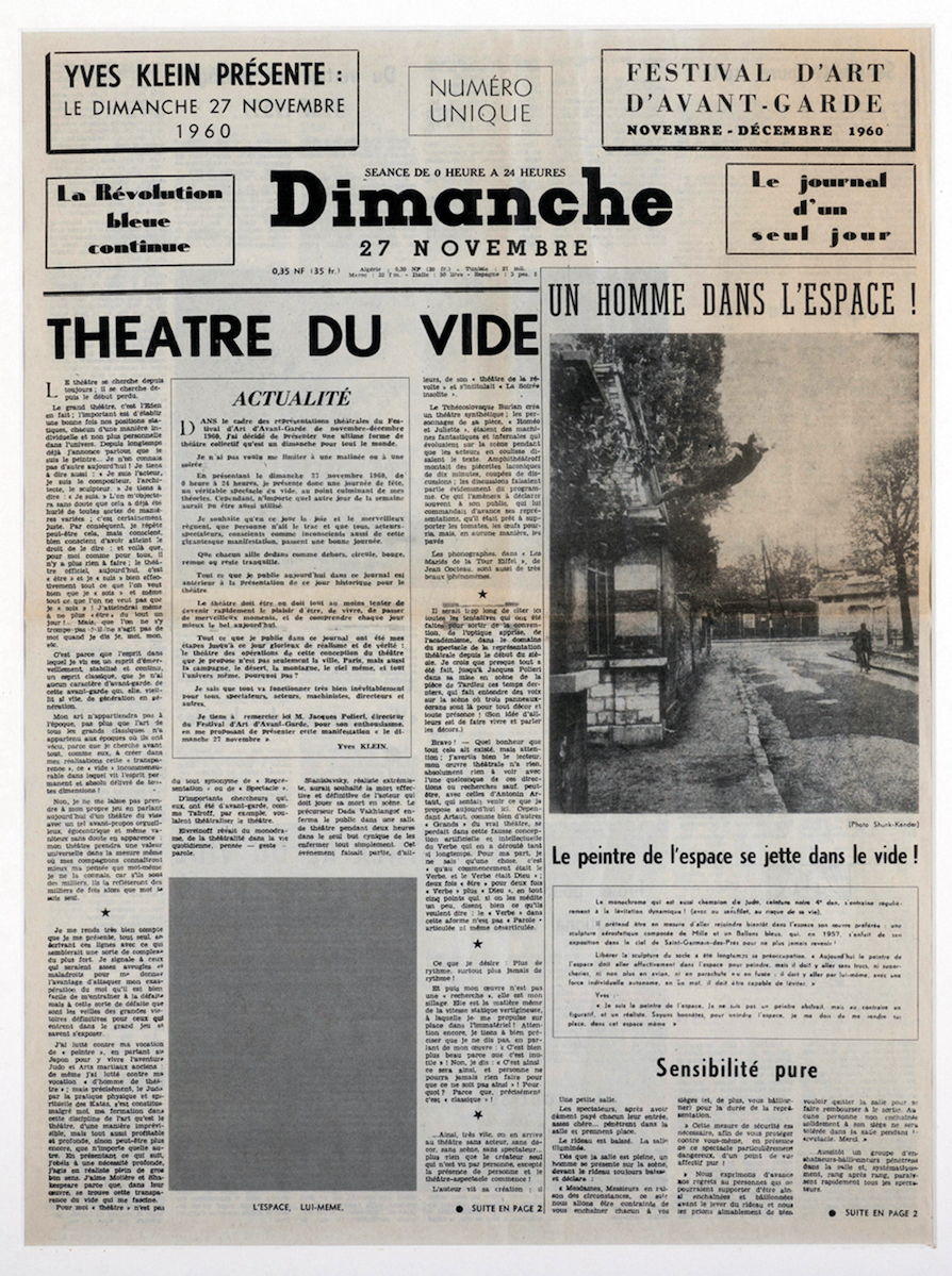 Yves Klein, Dimanche: Le Journal d'un seul jour, Théâtre du vide, November 27, 1960. Published on the occasion of the second Festival d'Art d'Avant-garde de Paris; Klein promoted his show by resuming the edition of the Sunday supplement.