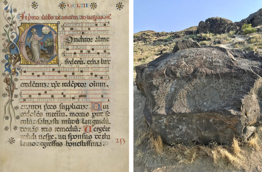 Left: Initial C: The Creation of the World from a noted breviary, about 1420, made in northeastern Italy (The J. Paul Getty Museum, Ms. 24 [86.ML.674], leaf 5); right: Map Rock petroglyph, 1054, Shoshone-Bannock People, Givens Hot Springs, Canyon County, southwestern Idaho (photo: Kenneth D. and Rosemarie Ann Keene)