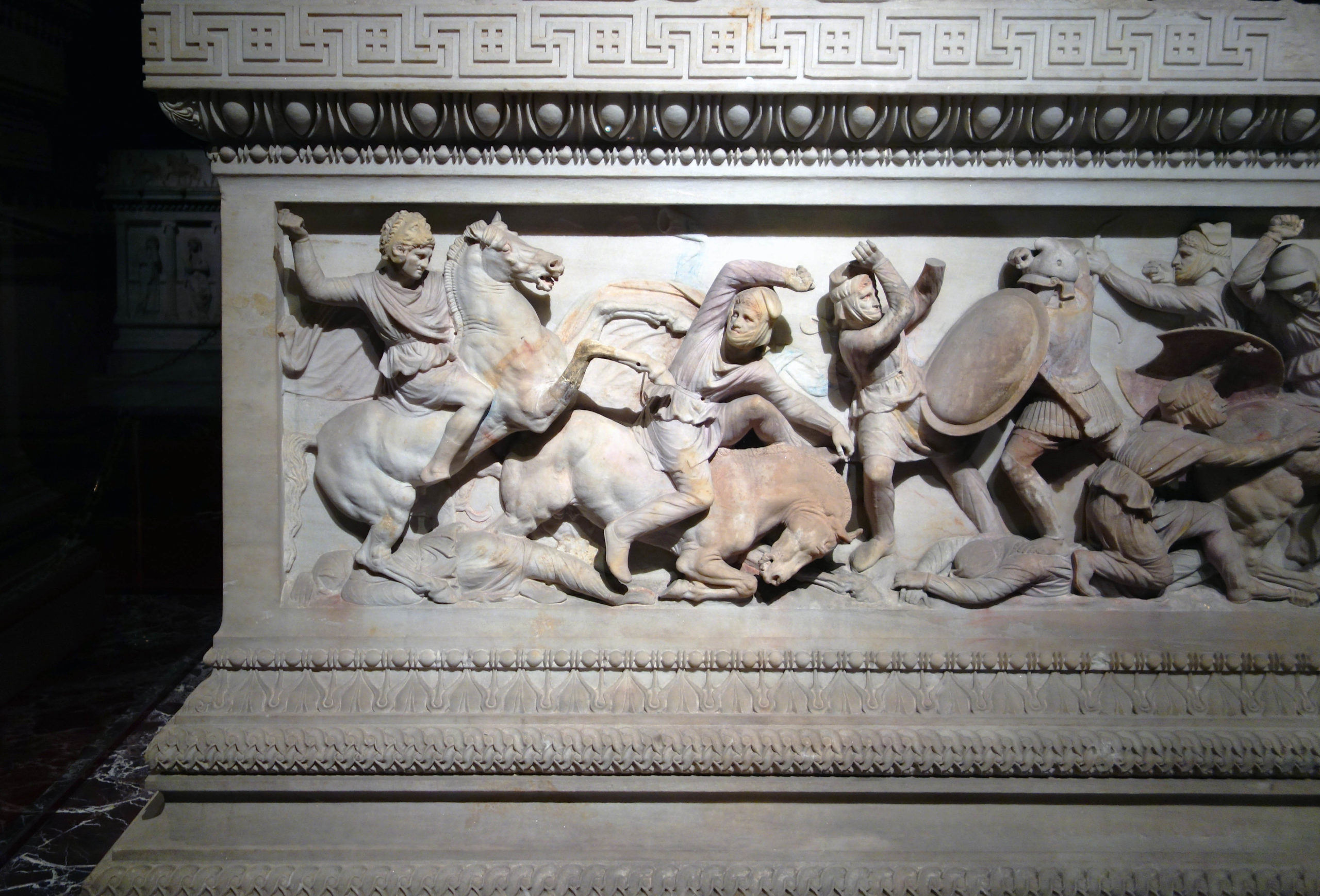 The Alexander Sarcophagus, c. 312 B.C.E., Pentelic marble and polychromy, found in Sidon, 195 x 318 x 167 cm (İstanbul Archaeological Museums)