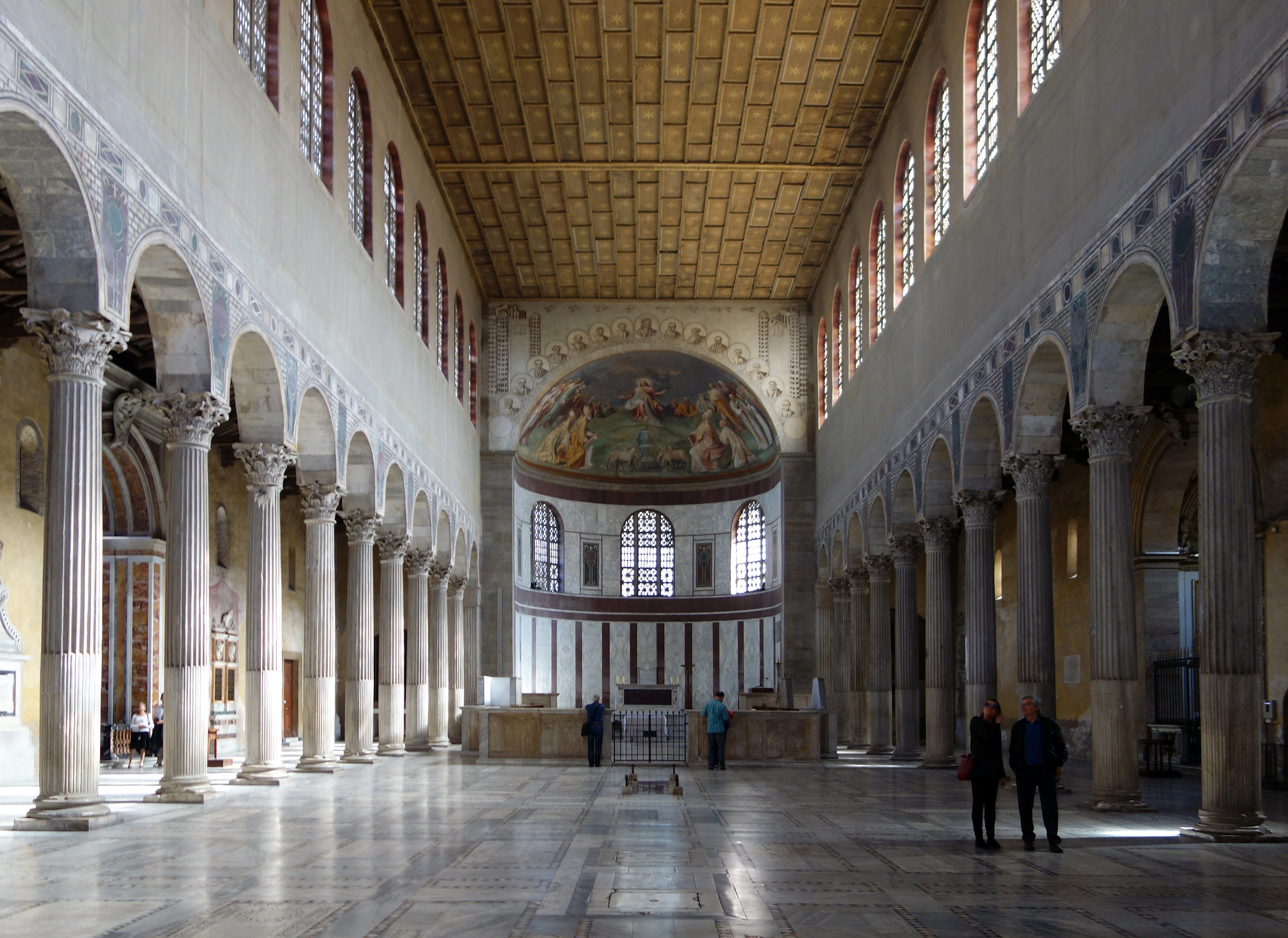 View down the nave towards the apse—the row of windows above the nave arcade is called the clerestory and we see an aisle on either side of the nave. Basilica of Santa Sabina, c. 432 C.E., Rome (photo: Steven Zucker, CC BY-NC-SA 2.0)
