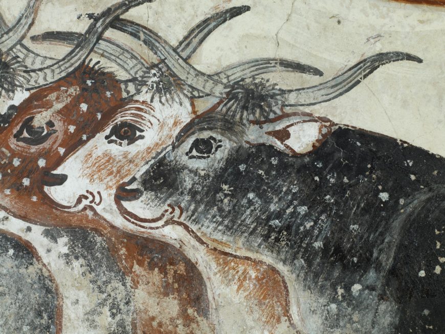 Cattle (detail), Nebamun's cattle, Tomb-chapel of Nebamun, c. 1350 B.C.E., 18th Dynasty, paint on plaster, whole fragment: 58.5 x 10.5 cm, Thebes, Egypt © Trustees of the British Museum