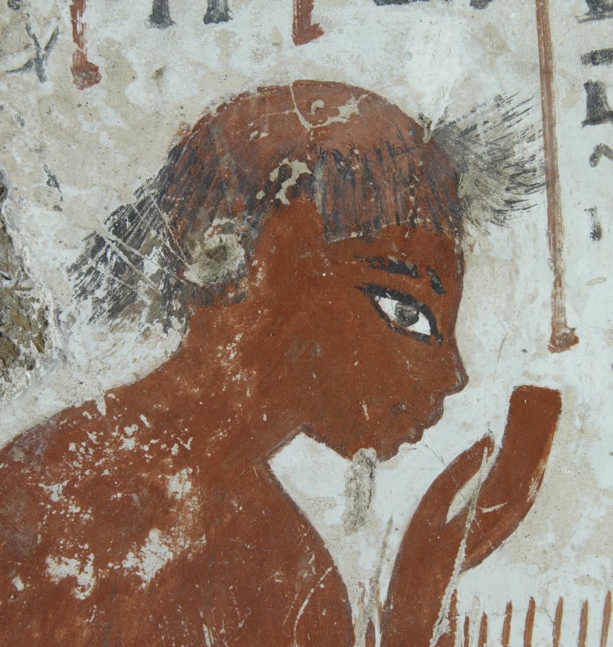 Old man assessing crops (detail), Surveying the fields for Nebamun, Tomb-chapel of Nebanum, c. 1350 B.C.E., 18th Dynasty, paint on plaster, whole fragment: 106.7 x 45.8 cm, Thebes © Trustees of the British Museum