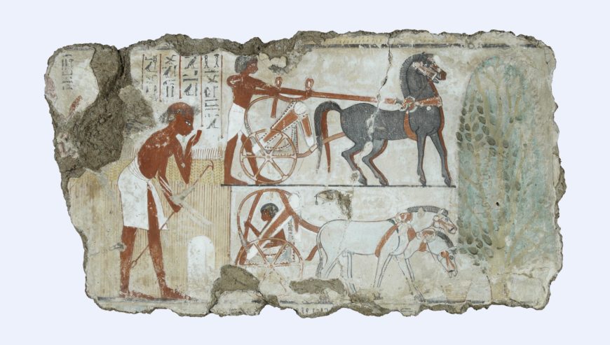 Surveying the fields for Nebamun, Tomb-chapel of Nebamun, c. 1350 B.C.E., 18th Dynasty, paint on plaster, 106.7 x 45.8 cm, Thebes, Egypt © Trustees of the British Museum