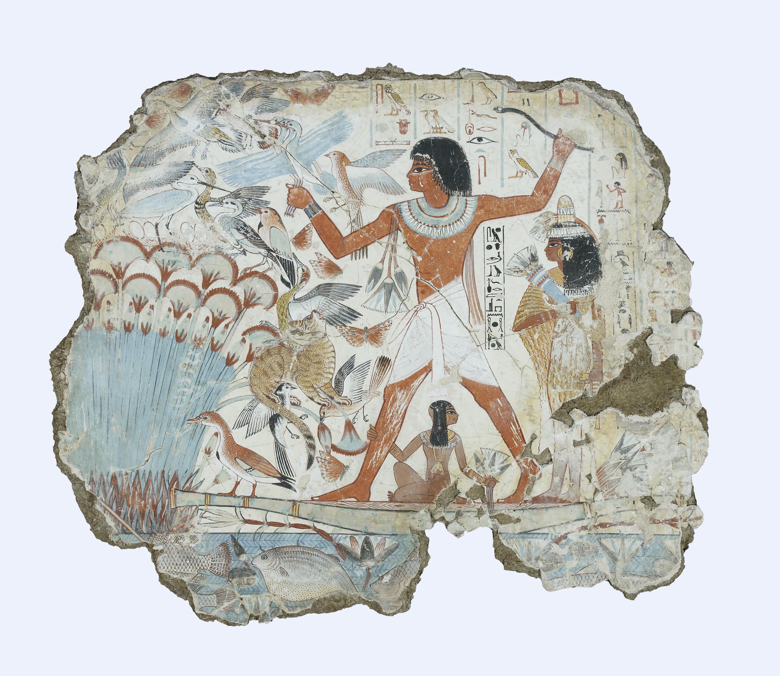 Nebamun fowling in the marshes, Tomb-chapel of Nebamun, c. 1350 B.C.E., 18th Dynasty, paint on plaster, 83 x 98 cm, Thebes © Trustees of the British Museum