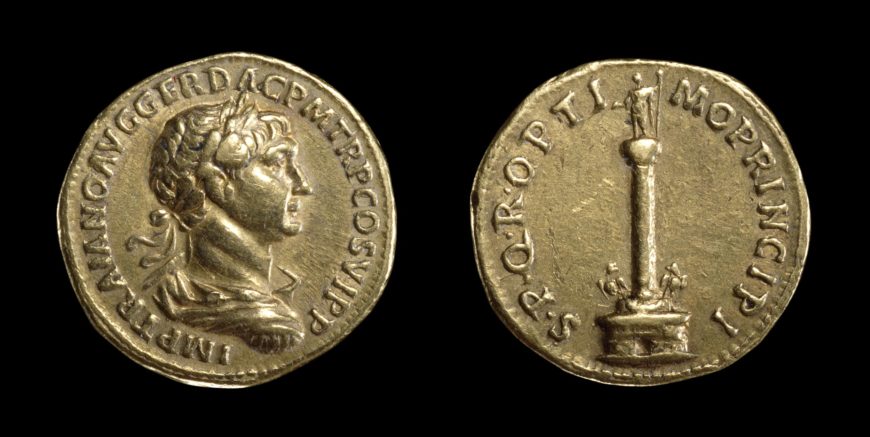 Gold aureus showing Trajan's Column, Roman, early 2nd century C.E. (The British Museum)