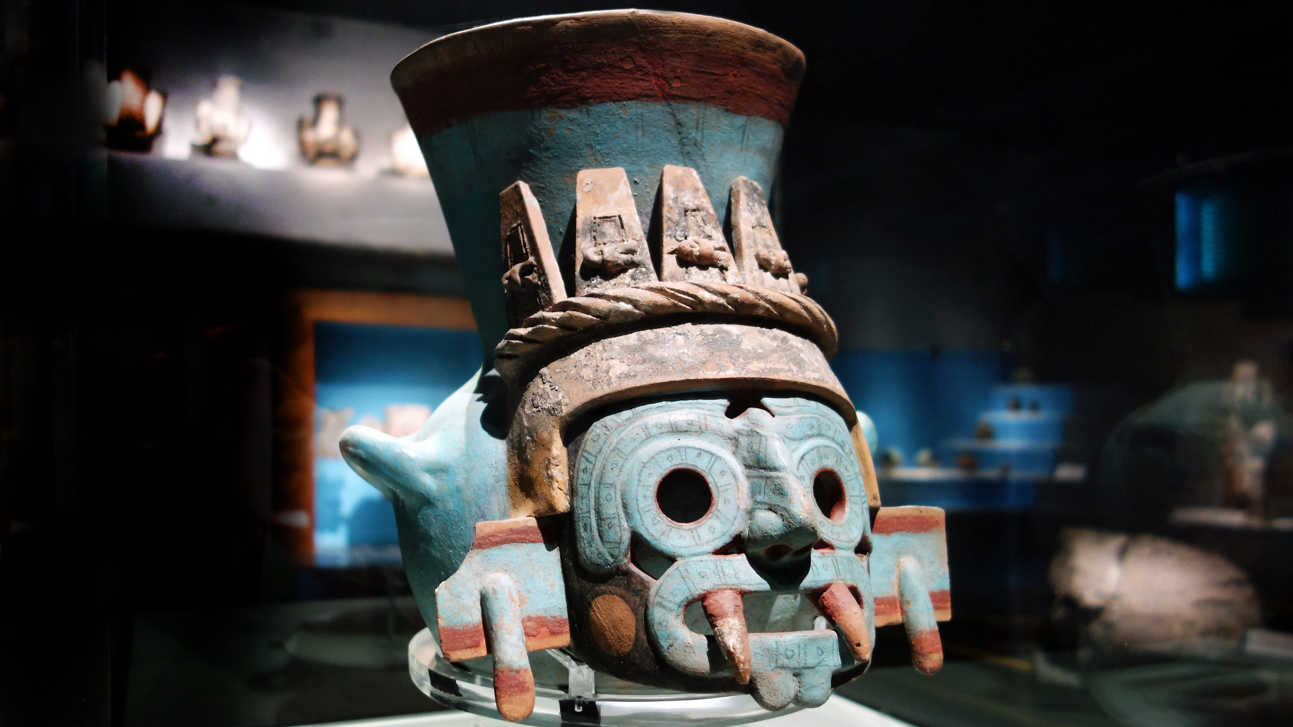 Tlaloc vessel (Mexica/Aztec), c. 1440-70, found Templo Mayor, Tenochtitlan, ceramic (Museo del Templo Mayor, Mexico City)