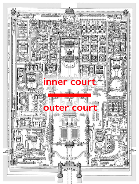 Drawn plan of the Forbidden City, Beijing with annotations indicating the southern outer court and northern inner court