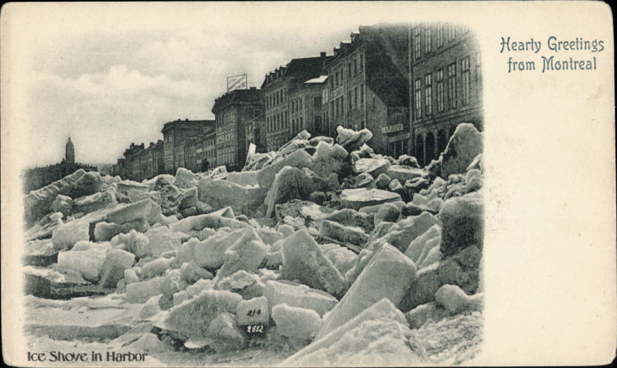 “Hearty Greetings from Montreal, ice shove in Harbor.” Postcard. Bibliothèque et Archives nationales du Québec. https://numerique.banq.qc.ca/patrimoine/details/52327/1955122