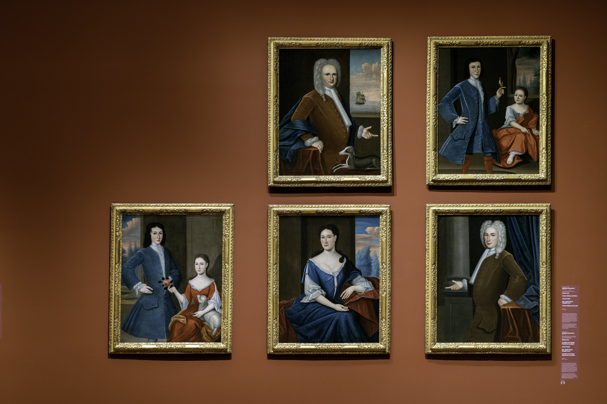 Gerardus Duyckinck I (attributed), six portraits of the Levy-Franks family (Franks Children with Bird, Franks Children with Lamb, Jacob Franks, Moses Levy, Mrs. Jacob Franks (Abigaill Levy), and Ricka Franks), c. 1735, oil on canvas (Crystal Bridges Museum of American Art)