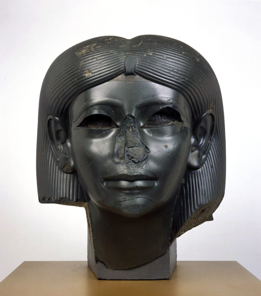 Head of a female sphinx, c. 1876–1842 B.C.E., Dynasty 12, Middle Kingdom, chlorite, 38.9 x 33.3 x 35.4 cm (Brooklyn Museum)