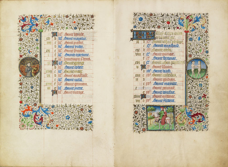 April Calendar Page with Saint George (left) and May Calendar Page with Gemini and Courtly Love (right) in a Book of Hours, about 1440–50, made in Paris, France (The J. Paul Getty Museum, Ms. Ludwig IX 6 [83.ML.102], fols. 4v-5)