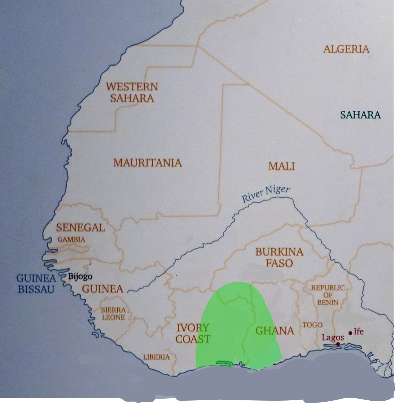 Map of Ghana showing the