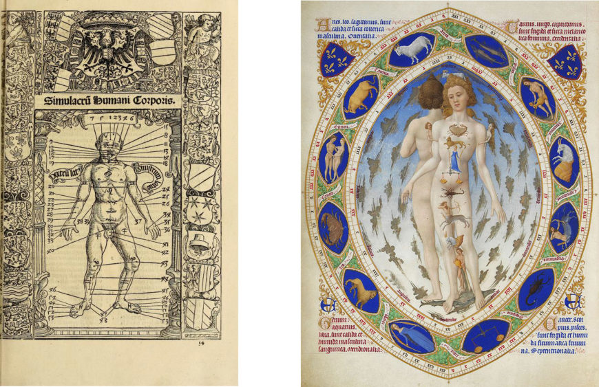 Left: Zodiacal Man in The Great Roman Calendar, 1518, Johann Stoeffler, made in Oppenheim, Germany (Getty Research Institute, 87-B635); right: Zodiacal Man in Très Riches Heures de Jean de Berry, 1413–16, the Limbourg Brothers, made in France (Chantilly, Musée Condé, Ms. 65)