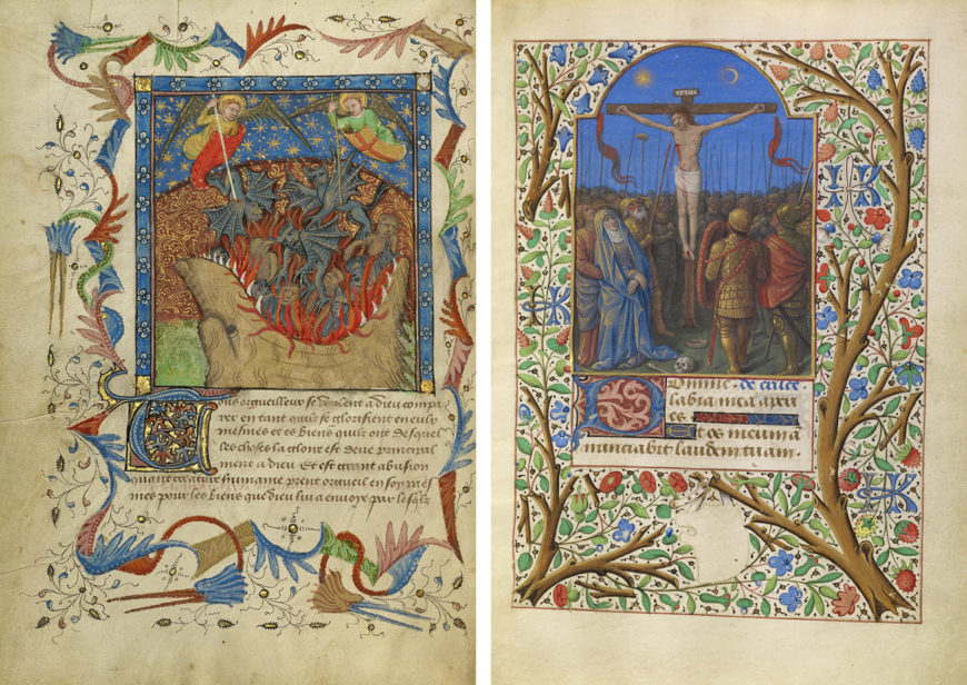 Left: The Fall of the Rebel Angels in Livre de Bonnes Meurs, about 1430, made in Avignon, France (The J. Paul Getty Museum, Ms. Ludwig XIV 9 [83.MQ.170], fol. 3v); right: The Crucifixion in the Katherine Hours, about 1480–85, Jean Bourdichon, made in Tours, France (The J. Paul Getty Museum, Ms. 6 [84.ML.746], fol. 77)