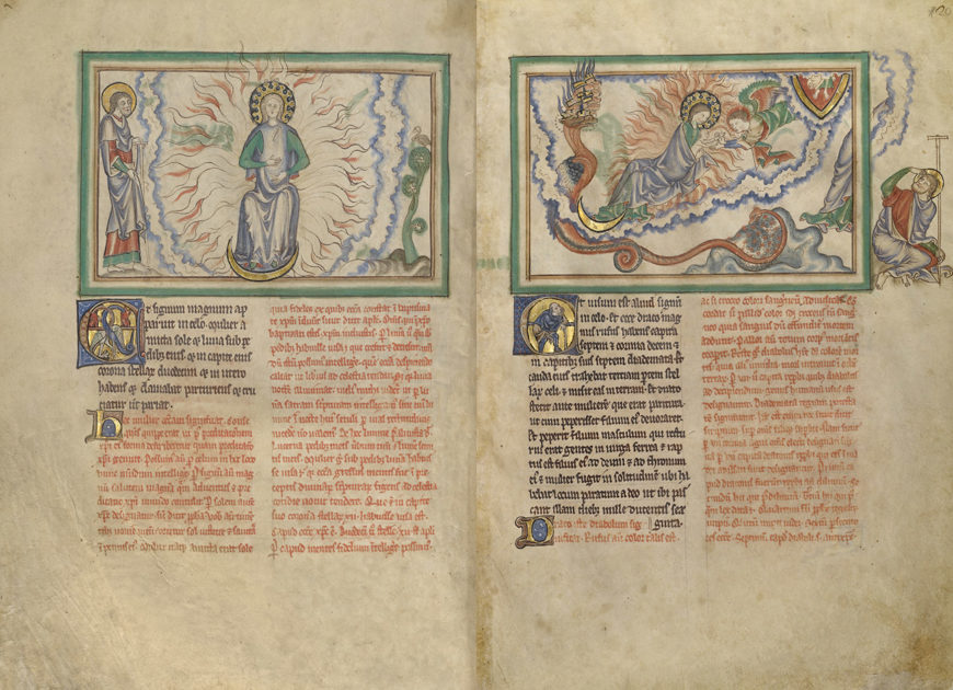 The Woman Clothed in the Sun in the Getty Apocalypse, about 1255–60, probably made in London, England (The J. Paul Getty Museum, Ms. Ludwig III 1 [83.MC.72], fols. 19v-20)