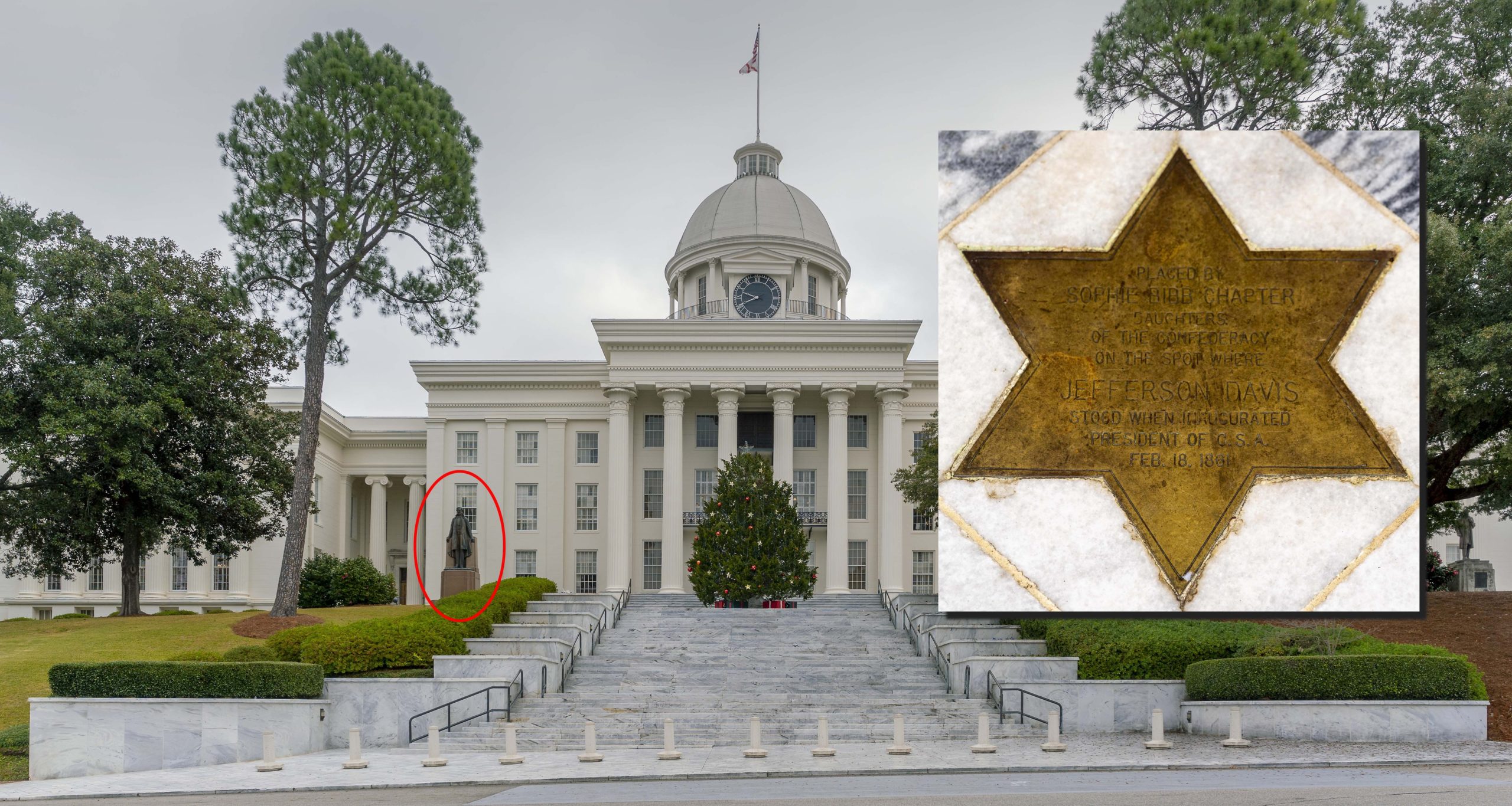 Alabama State Capitol Building photographed December 2021; statue at left noted in red: Frederick Cleveland Hibbard, Jefferson Davis, dedicated 1940; inset photo of star embedded in paving at the top of the steps where Davis stood during his inauguration as the President of the Confederacy (photos: Steven Zucker, CC BY-NC-SA 2.0)