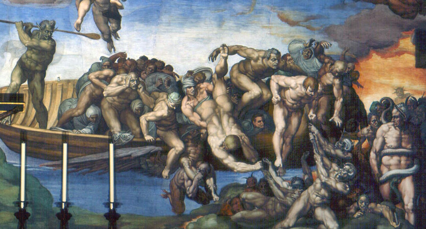 Charon drives the damned onto hell’s shores and in the lower right corner stands the ass-eared Minos (detail), Michelangelo, Last Judgment, Sistine Chapel, altar wall, fresco, 1534–41 (Vatican City, Rome; photo: Alonso de Mendoza, public domain)