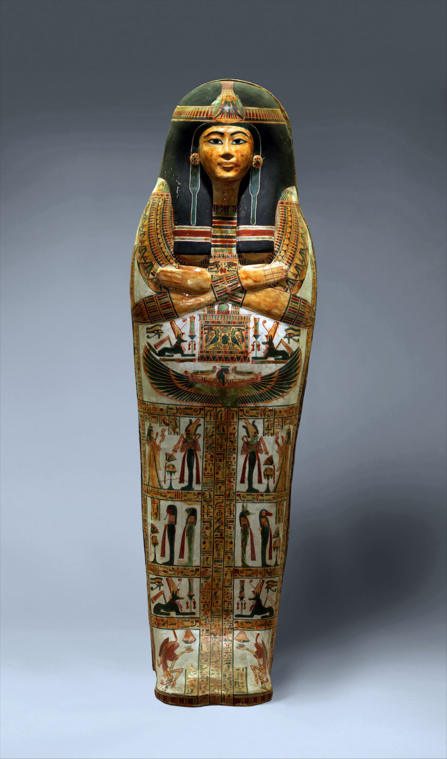 Outer Coffin of the Singer of Amun-Re, Henettawy, c. 1000–945 B.C.E., Third Intermediate Period, wood, gesso, paint, varnish, from Egypt, Upper Egypt, Thebes, Deir el-Bahri, Tomb of Henettawy F , 203 cm long (The Metropolitan Museum of Art)