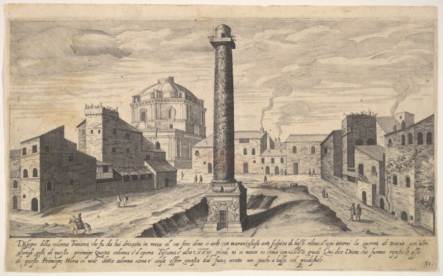 Aegidius Sadeler, view of the column of Trajan, shown with its pedestal dug out from the earth, surrounded by buildings at the base of the Quirinal Hill, Rome, from the series “Ruins of the antiquity of Rome, Tivoli, Pozzuoli, and other places,” 1606, etching and engraving, plate 31 (The Metropolitan Museum of Art)