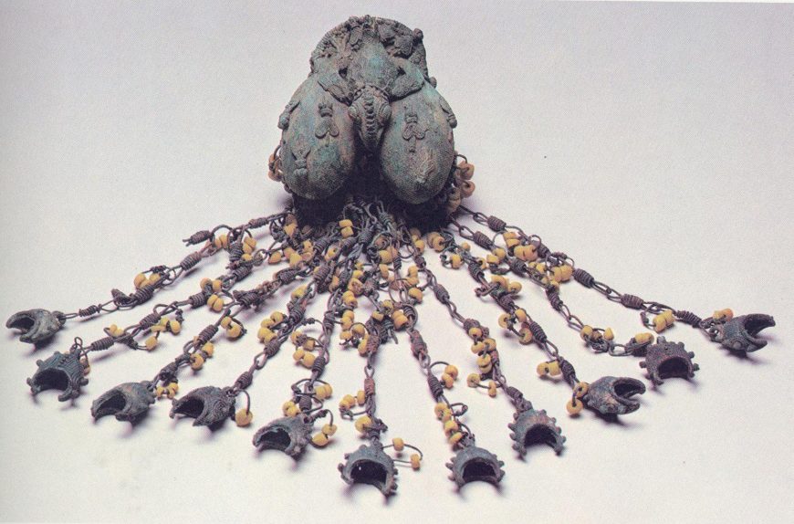 Double Egg Pendant from Igbo-Ukwu, Nigeria, c. 9th–11th century C.E., leaded bronze, 8 ½ inches (National Museum, Lagos, Nigeria)