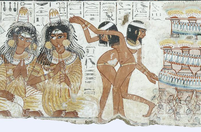 Musicians and dancers (detail), A feast for Nebamun, Tomb-chapel of Nebamun, c. 1350 B.C.E., 18th Dynasty, paint on plaster, whole fragment: 88 x 119 cm, Thebes © Trustees of the British Museum