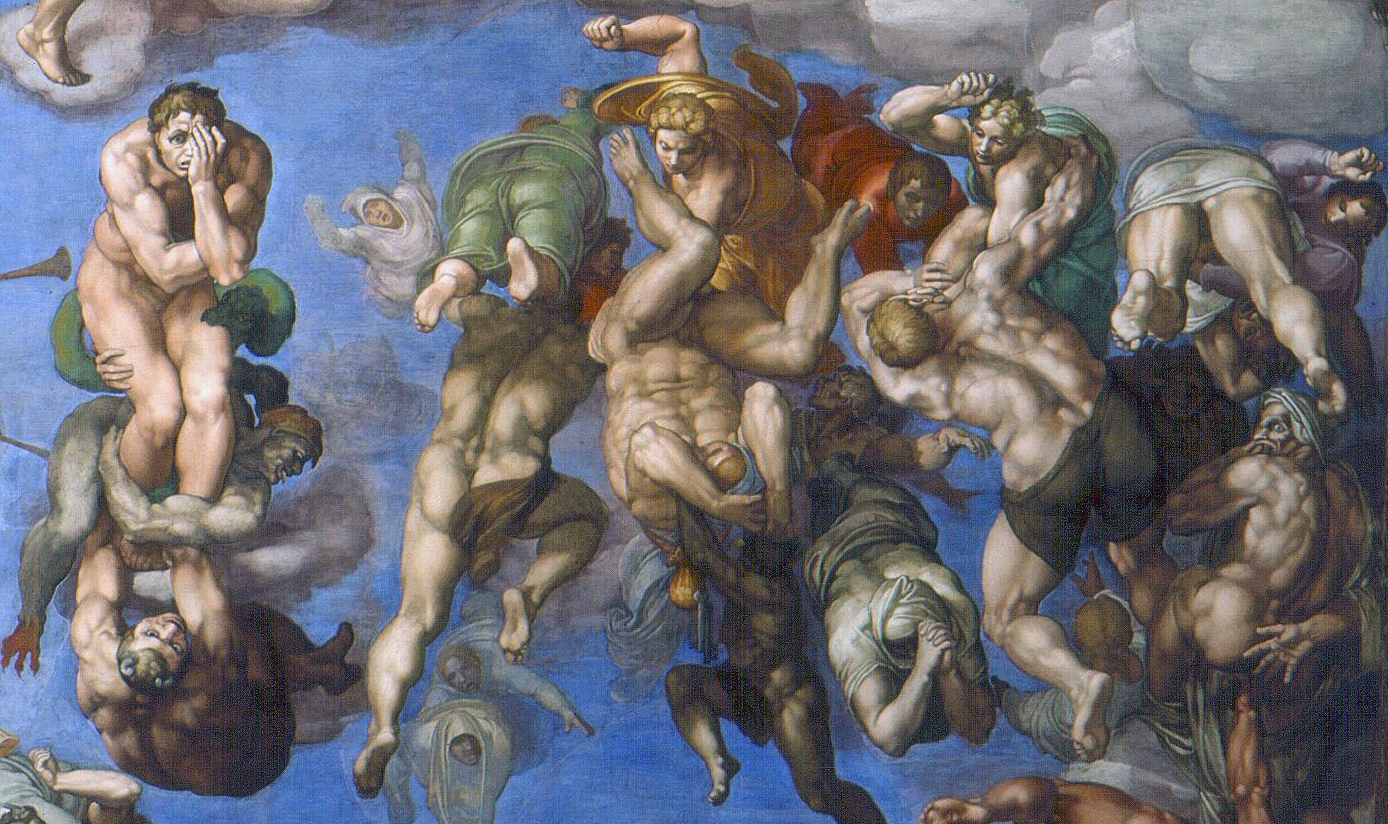 Demons drag the damned to hell, while angels beat down those who struggle to escape their fate (detail), Michelangelo, Last Judgment, Sistine Chapel, altar wall, fresco, 1534–1541 (Vatican City, Rome; photo: Alonso de Mendoza, public domain)