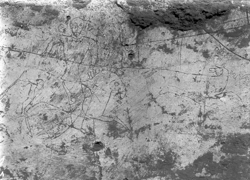 Graffito from Strategion palace (block C9) of mounted lancer and deer. Yale Dura Archive D200