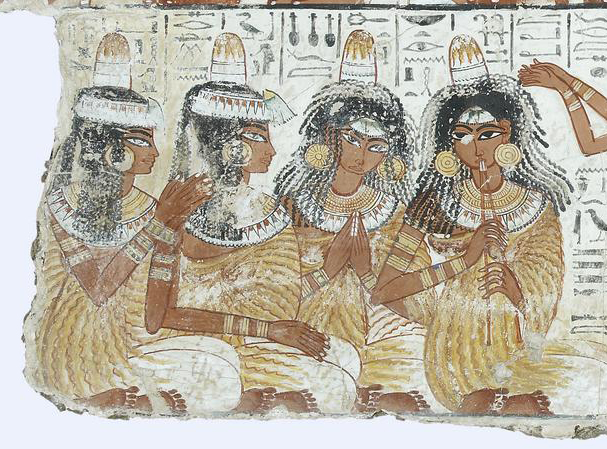 The four musicians and singers with their song written above them (detail), Banquet Scene , Tomb Chapel of Nebanum, c. 1350 BCE, 18th Dynasty, paint on plaster, whole fragment: 88 x 119 x 22 cm, Thebes © Trustees of the British Museum