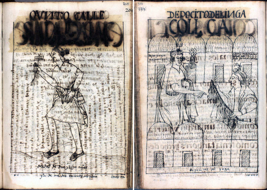 An Inka messenger carries a khipu in his hand (left), and storehouses of the Inka (right), from Felipe Guaman Poma de Ayala, The First New Chronicle and Good Government (or El primer nueva corónica y buen gobierno), c. 1615, p. 204 and p. 337 (images from The Royal Danish Library, Copenhagen)