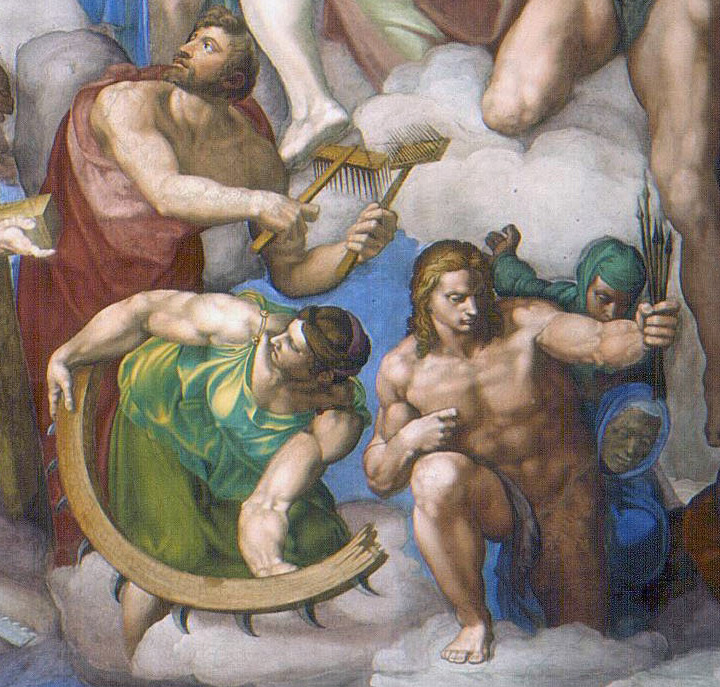 Clockwise: Saint Blaise, Saint Catherine and Saint Sebastian (detail), Michelangelo, Last Judgment, Sistine Chapel, fresco, 1534–41 (Vatican City, Rome; photo: Alonso de Mendoza)