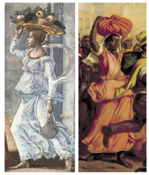 Left: Domenico Ghirlandaio, Birth of St. John the Baptist (detail), 1486–90, fresco, Cappella Tornabuoni, Santa Maria Novella, Florence; Right: Eyre Crowe, After the Sale: Slaves Going South from Richmond (detail), 1853, oil on canvas, 27 x 36 inches (Chicago History Museum)