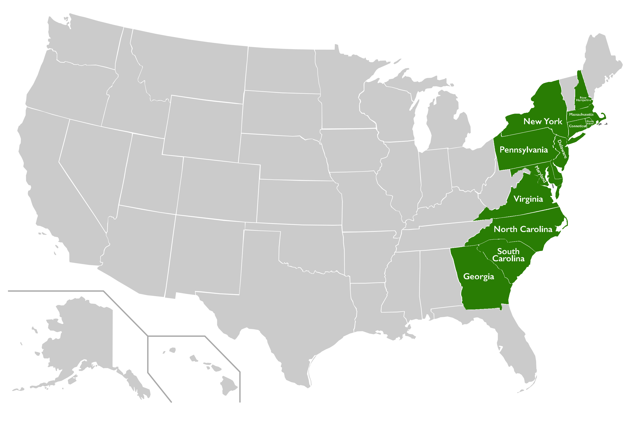 Map of the 13 American Colonies (map adapted from Connormah, CC BY-SA 3.0)