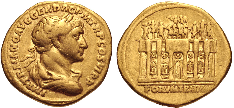 Gold coin (aureus) struck at Rome c. 112–115 C.E. (19 mm, 7.13 g, 7h). The legend reads “IMP TRAIANO AVG GER DAC P M TR P COS VI P P (“To the emperor Trajan Augustus Germanicus Dacicus, Pontifex Maximus, [holder of] tribunician power, in his sixth consulship, father of his country.” The coins depicts a laureate Trajan (draped, and cuirassed bust right) seen from behind on the observe side. On the reverse the Arcus Traiani of the Forum of Trajan is seen. This is presented as a hexastyle building facade, crowned by a frontal chariot drawn by six horses. Three figures stand to the left and right, while four statues occupy niches in the arches below. The reverse legend reads “FORVM TRAIAN[A]” (image)