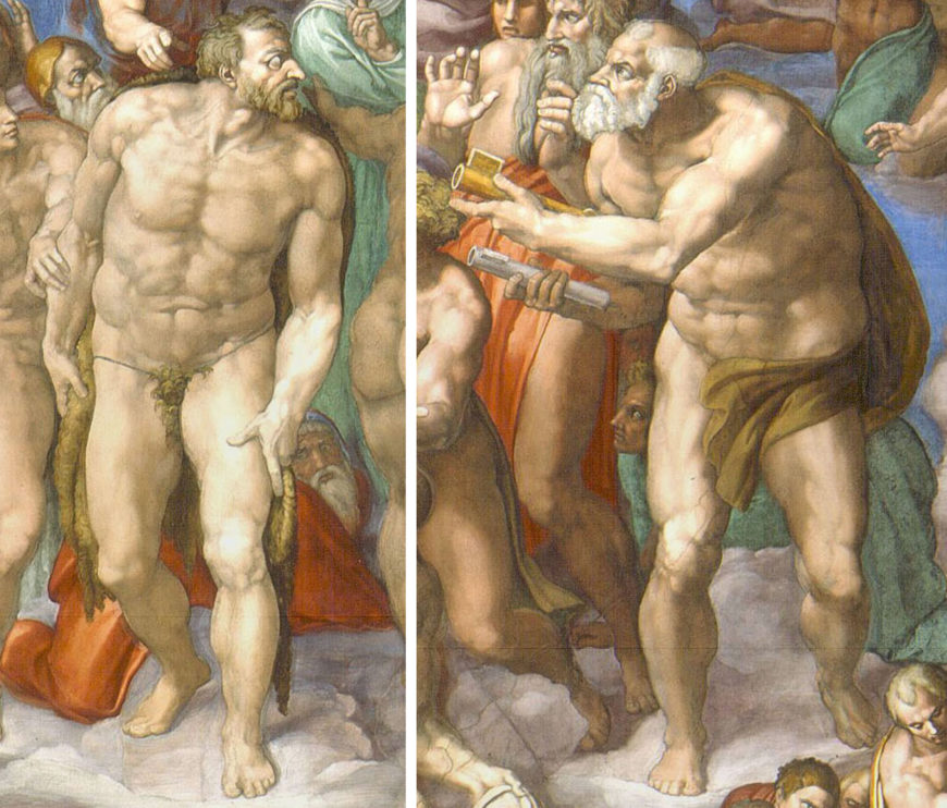 Left: St. John the Baptist; right: St. Peter (detail), Michelangelo, Last Judgment, altar wall, Sistine Chapel, fresco, 1534–1541 (Vatican City, Rome; photo: Tetraktys, public domain)